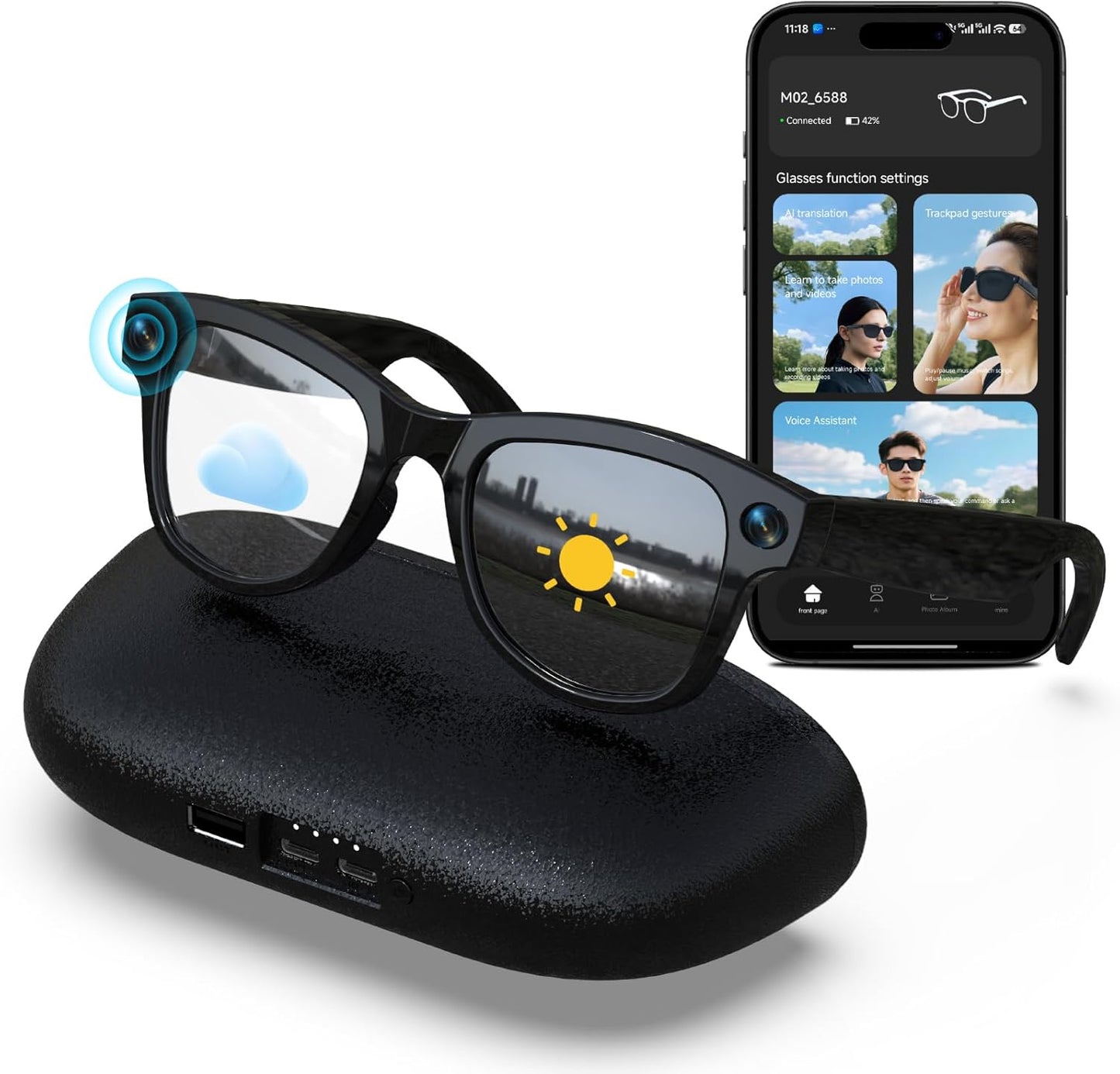 AI Smart Glasses, 8MP HD Camera Glasses With AI Assistant and 3600mAh Charging Case, Translation Glasses with 164 Languages and Color-Change Lens, Music & Hands-Free Calls, UV & Blue Light Protection