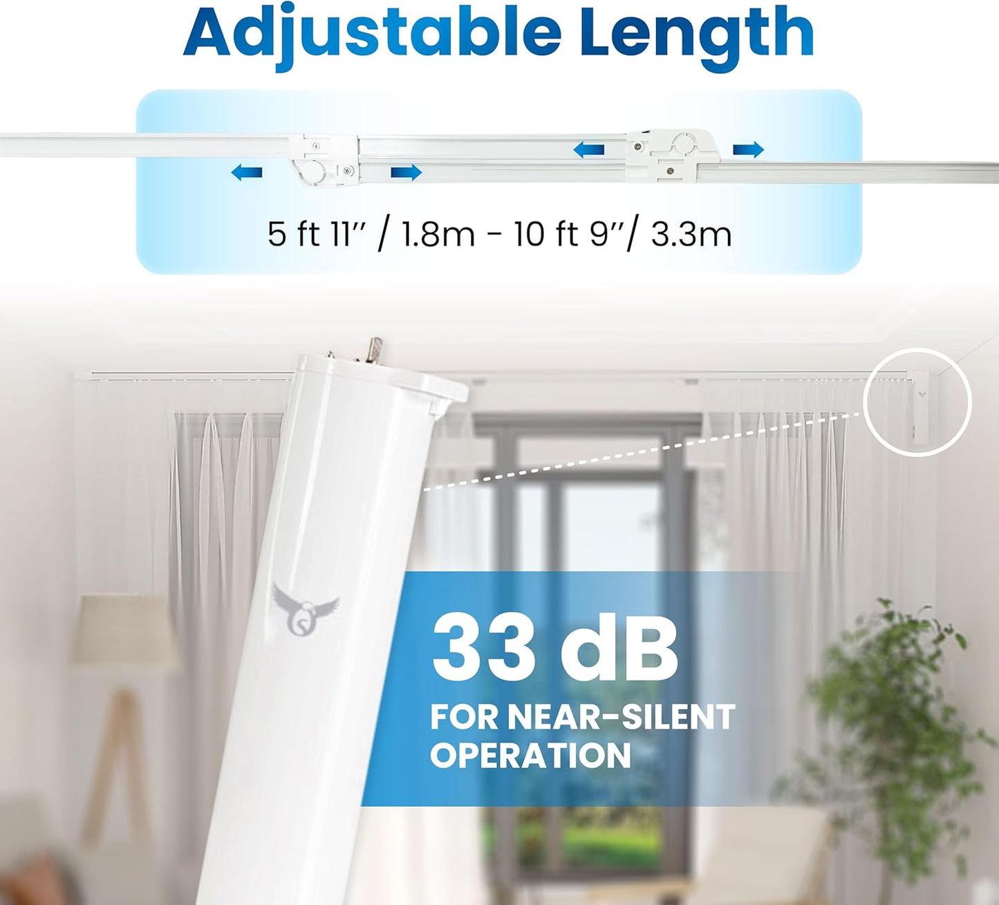 Osprey.Life Smart Motorized Curtain Track, 71-130in, No-Cut Adjustable Electric Rail, ~33dB Quiet Motor, Remote & App Control, Alexa, Google Assistant & Siri, Ceiling/Wall Mount (Center Opening)