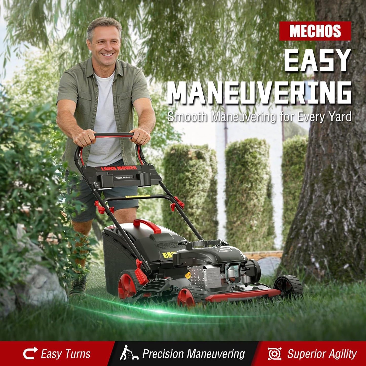 MECHOS 21 Inch 201cc 4-Cycle Engine 3-Position Cutting Height Adjustment 3-in-1 Gas Walk Behind Self Propelled Lawn Mower, Black