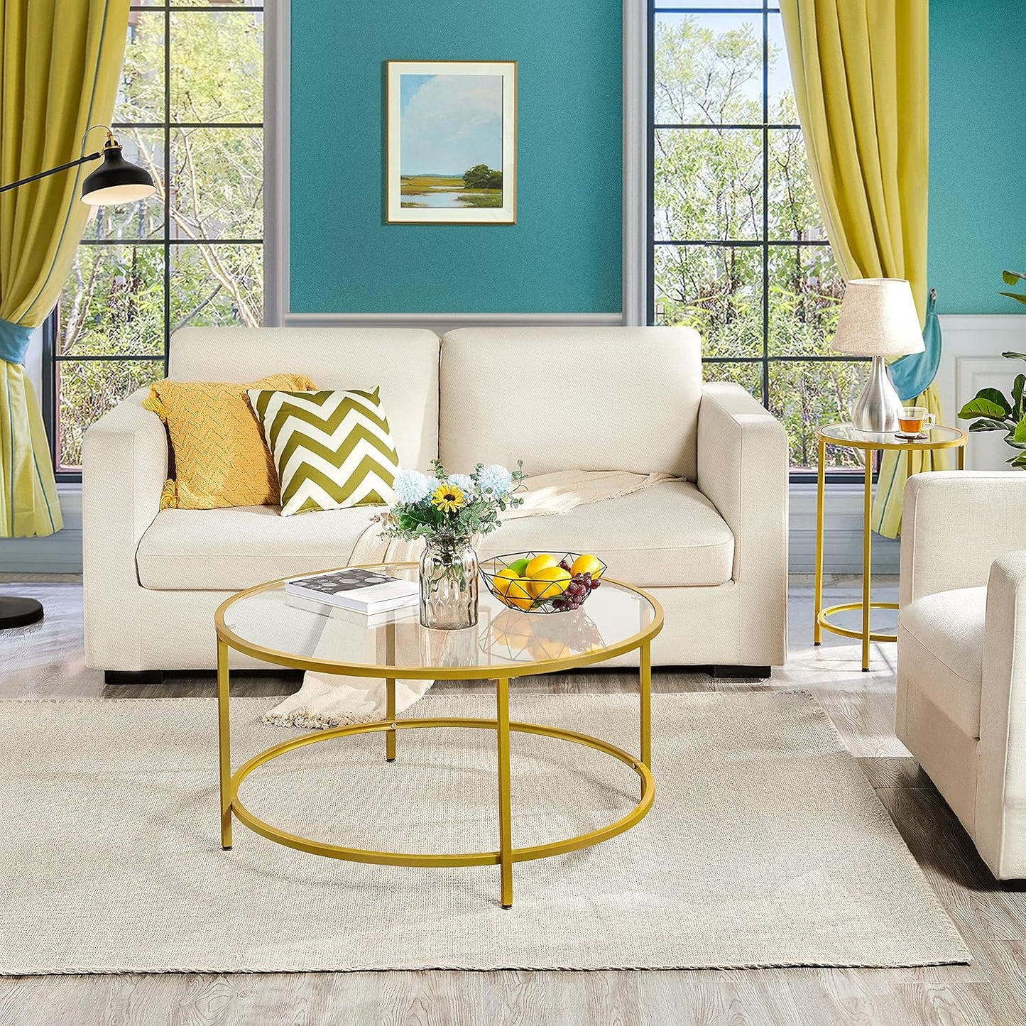 Yaheetech Coffee Table Set of 3, Round Coffee Table & 2pcs Accent End Table Easy Assembly w/Glass-Top Surface & Reinforced Frame for Living Room,Apartment,Small Space,Mustard Gold