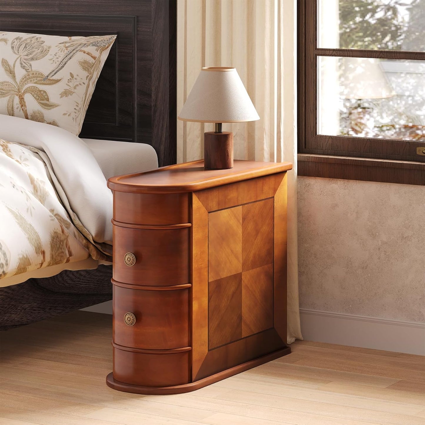 LITTLE TREE End Table Set of 2, No Assembly Required Wood End Table with 2 Drawers, Sofa Side Table for Living Room, Vintage Slim Nightstand Bedside Table for Bedroom