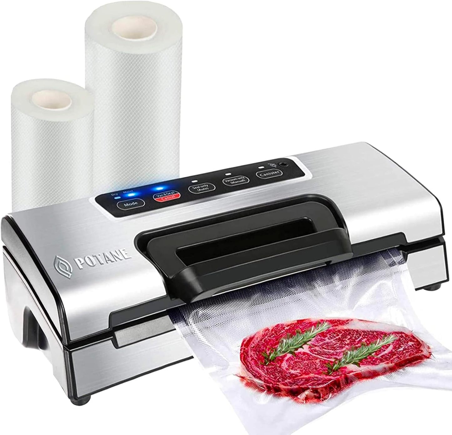 Potane Precision Vacuum Machine,Pro Food Sealer with Built-in Cutter and Bag Storage(Up to 20 Feet Length), Both Auto Manual Options,2 Modes,Includes 2 Bag Rolls 11”x16' and 8”x16',Compact Design