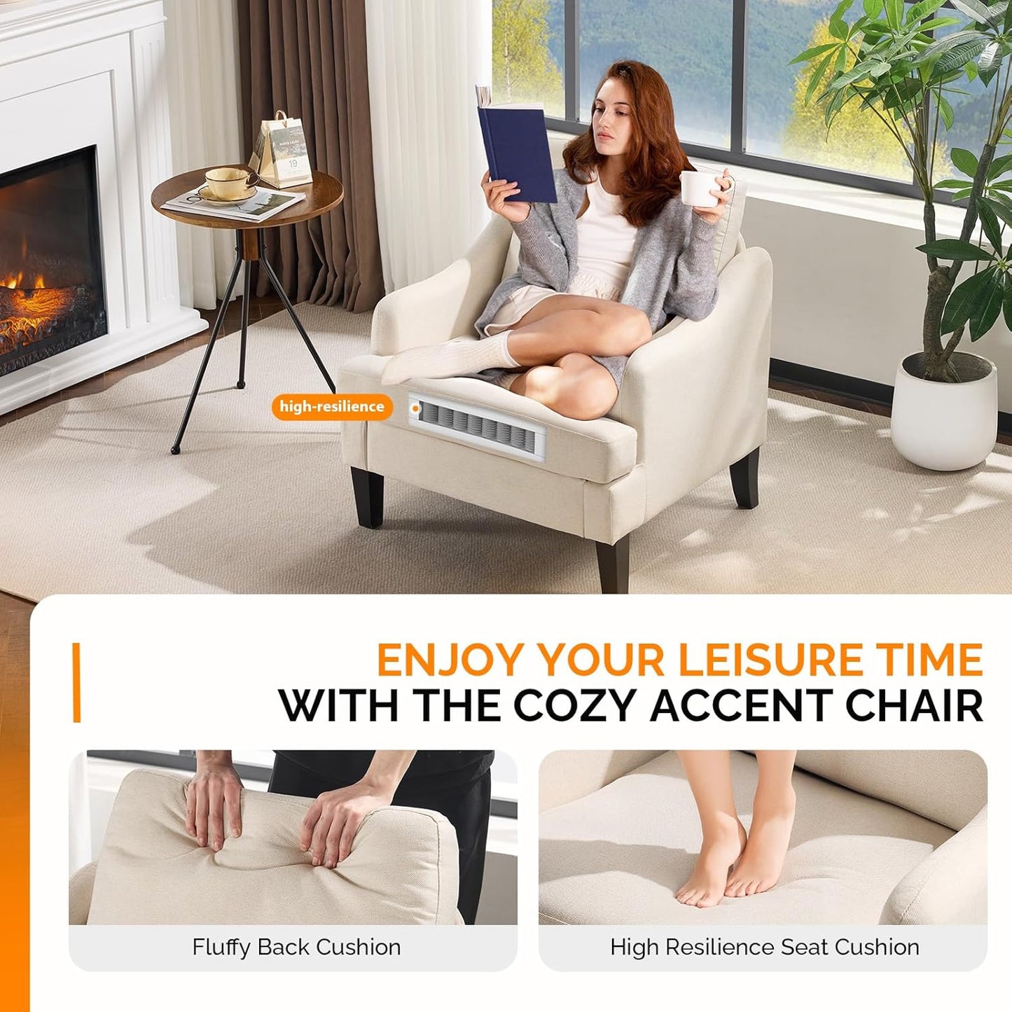 VINGLI Linen Fabric Accent Chairs Set of 2, Beige Modern Upholstered Armchair, Comfy Sofa Chair Living Room Bedroom Furniture for Apartment