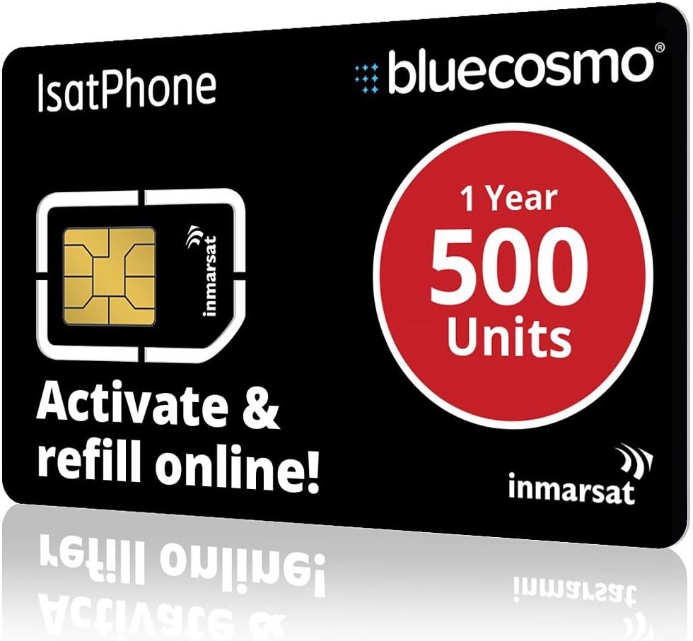 BlueCosmo IsatPhone 500 Unit Global Prepaid Satellite Phone Service SIM Card - 1 Year Expiry - No Activation Fees - Voice & SMS Text Messaging