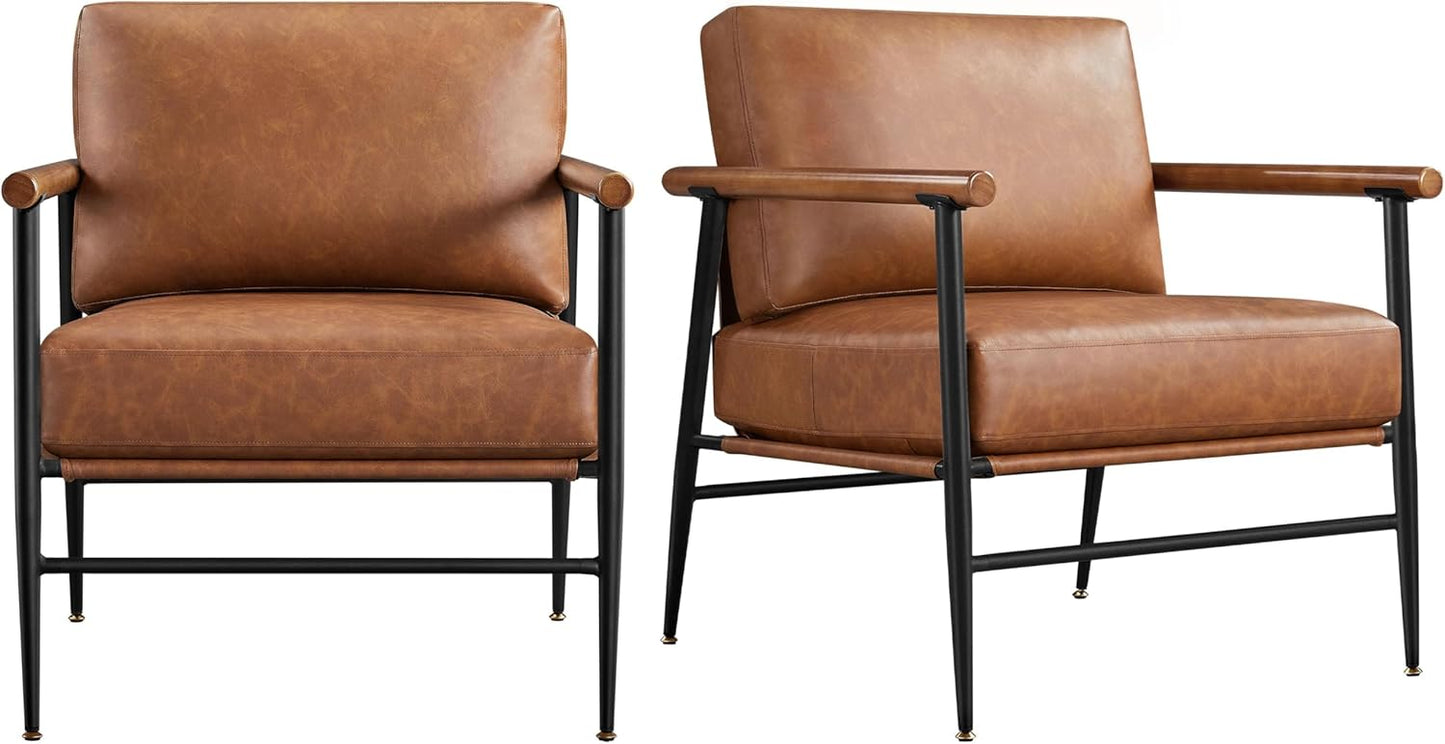 Yaheetech Accent Chair Set of 2, PU Leather Living Room Chair Back Pillow Modern Lounge Chair Wooden Arms Metal Frame Bedroom Waiting Room Retro Brown