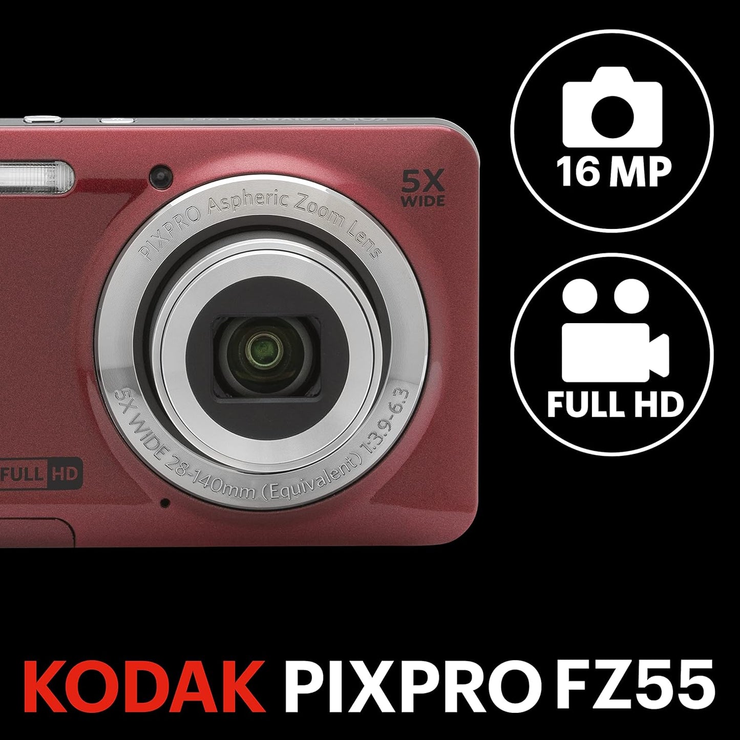 Kodak PIXPRO FZ55-RD 16MP Digital Camera 5X Optical Zoom 28mm Wide Angle 1080P Full HD Video 2.7" LCD Vlogging Camera (Red) Packaging May Vary