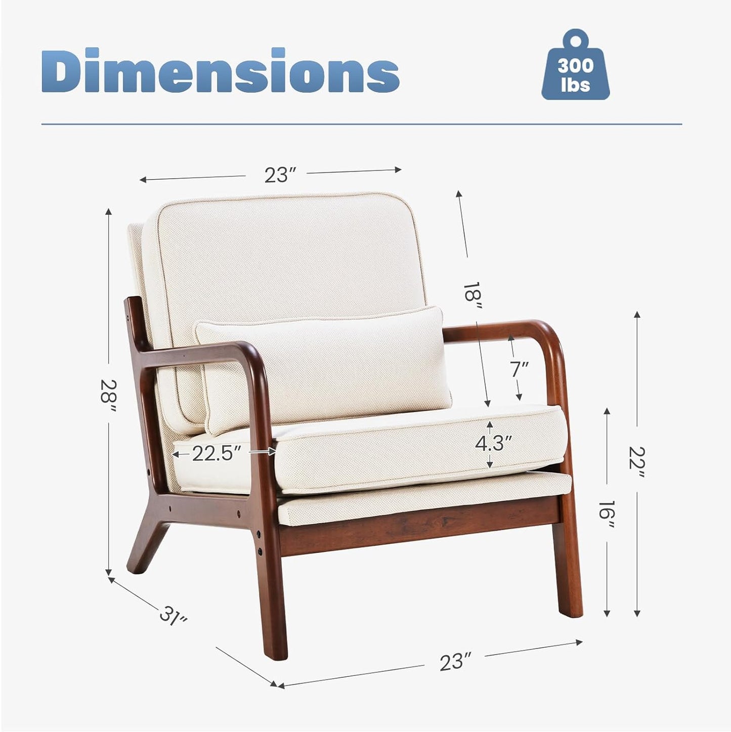 DUMOS Accent Chairs Set of 2,Mid Century Modern Chair with Arms and Waist Cushion, Reading Chairs for Adults, Lounge Chair for Living Room and Bedroom, Solid Wooden Frame, Cream