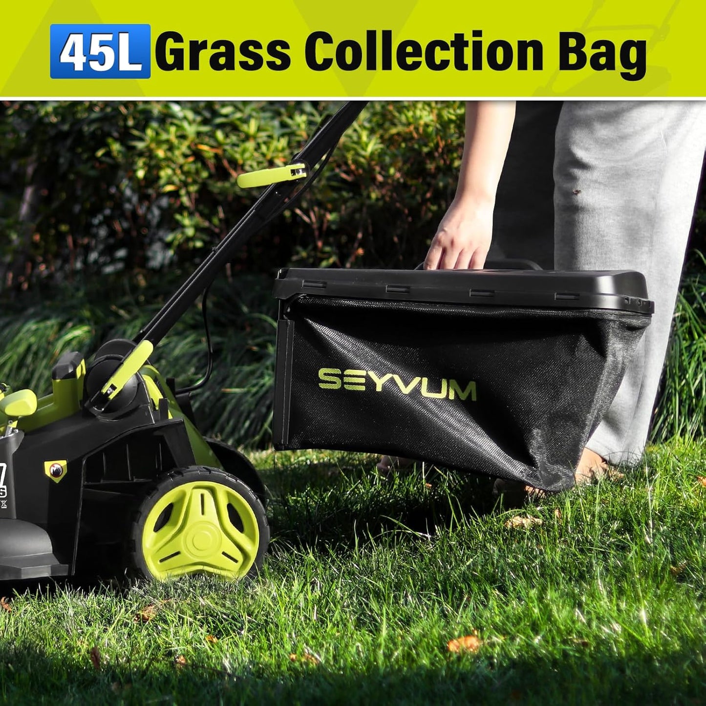SEYVUM 40V 16-inch Cordless Lawn Mower with 45L Grass Collection Bag, 6 Position Height Adjustment Electric Lawn Mower, 2 x 20V 4.0Ah Battery Powered Push Lawnmower, 2.4A Fast Charger, Lemon Green