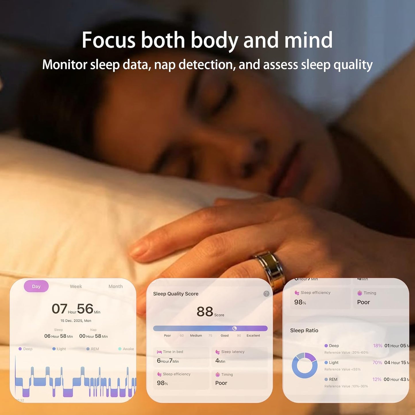 Smart Ring 1.0 for Men/Women, No Subscription Fee, 7-8 Days Battery Life, HRV/Stress Monitoring/Sleep Track/Fitness for iOS and Android, Matte Gold & Silver, Size 9