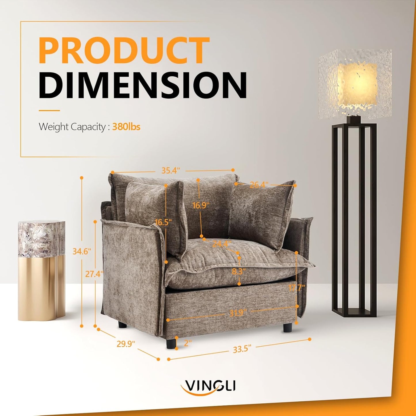 VINGLI 34" Oversized Accent Chairs Set of 2, Light Brown Reading Chair Upholstered Armchair Soft Chenille Fabric Living Room Chairs Sofa for Adults Bedroom, Home Office, Play Room