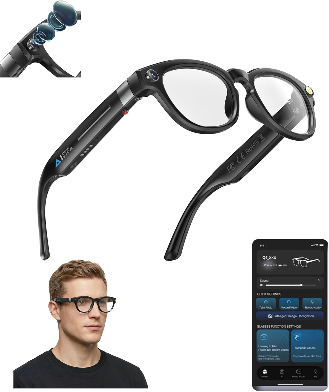 AI Smart Glasses with 8MP Camera, 1080P Video Recording Sunglasses with Audio, Real-Time Translation & Object Recognition, Bluetooth Smart Eyewear withVoice Assistant (Black)