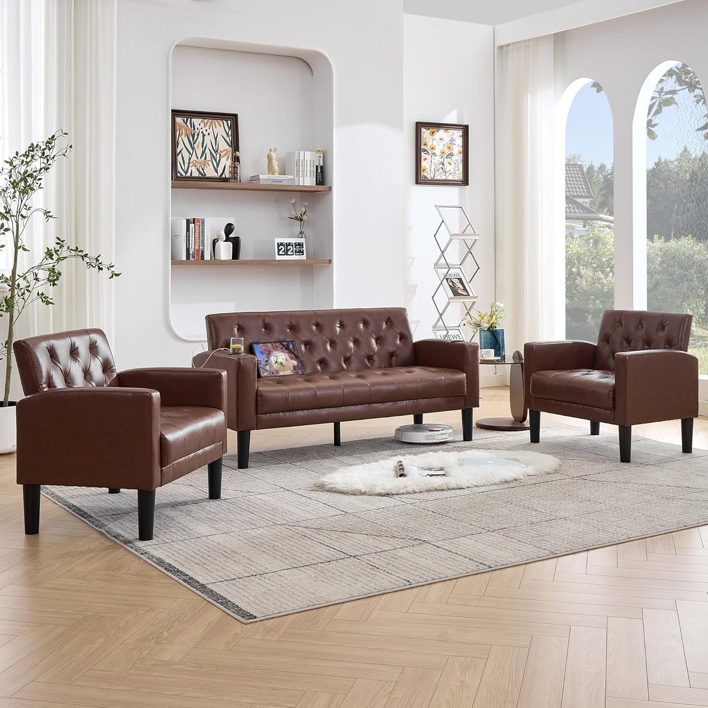 TYBOATLE 62" W Leather Loveseat w/Chairs, 3 Piece Sofa Sets for Living Room w/ 2 USB Charger Ports and 2 Cupholders, Living Room Furniture Sets of 3 (3, Brown)