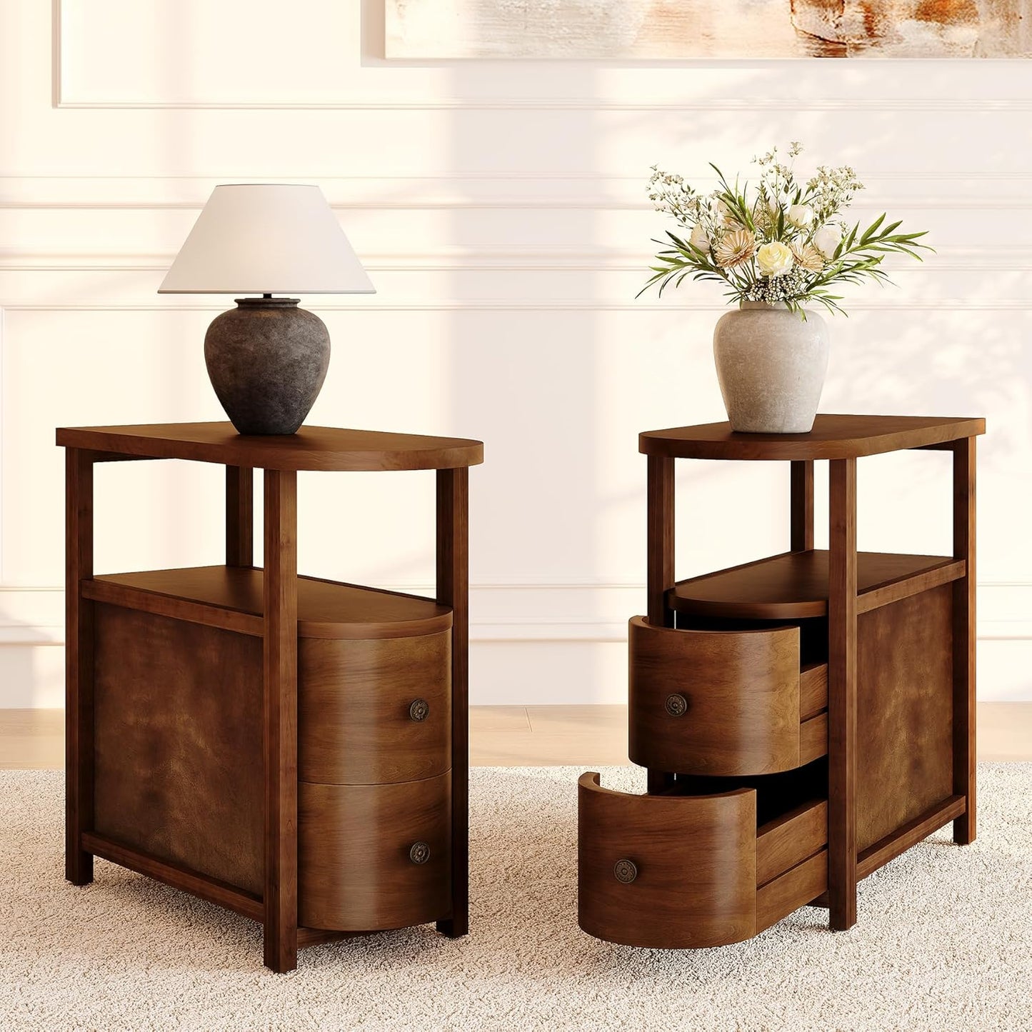 LITTLE TREE Solid Wood End Table Set 2 with 2 Drawers & Open Shelf, No Assembly Required Side Table for Living Room, Vintage Brown Couch Side Tables, Slim Bedside Table Nightstand for Bedroom