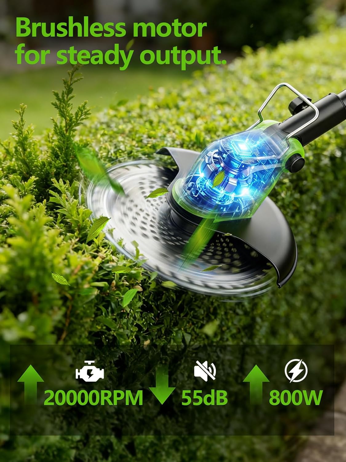 20,000RPM Cordless Electric Weed Wacker, 800W Brushless Weed Eater with Wheels, 12" 4-in-1 String Trimmer Lawn Edger Mini Lawn Mower Brush Cutter, Foldable, 21V, 2×4.0Ah Batteries Power Display