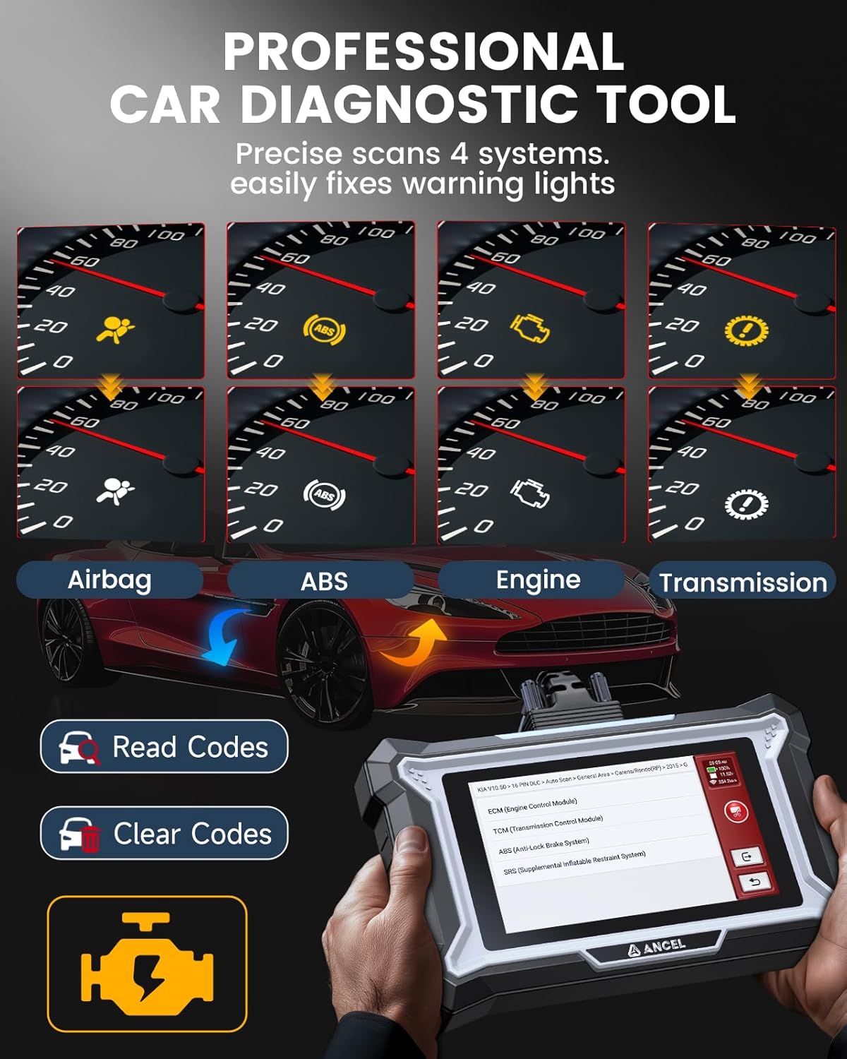 ANCEL DS100 OBD2 Scanner: Fix Check Engine, ABS, SRS & Transmission Issues with 7 Resets (Oil/Brake/BMS/SAS/ABS Bleeding/Throttle/Gear Learning), Lifetime Updates, Code Reader for All Cars 1996+