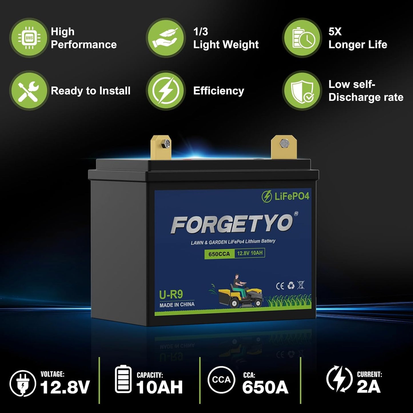 U-R9 Riding Lawn Mower Battery, 12V 10Ah 650CCA Lithium LiFePO4 Garden Tractor Starting Battery, Compatible with John Deere,Cub Cadet,Craftsman,Troy-Bilt Mower, and Generator