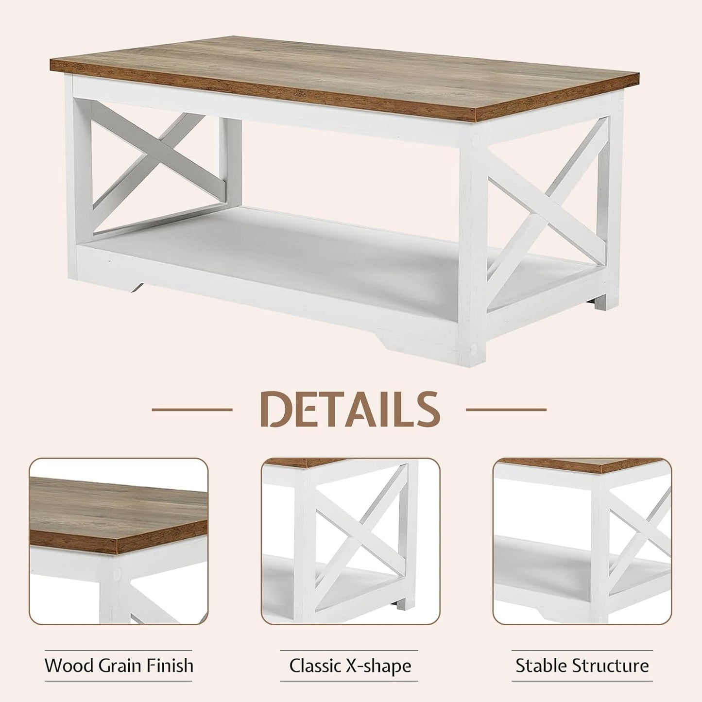 LUXOAK 3-Piece Farmhouse Living Room Table Sets, Includes 1 x Coffee Table, 2 x End Tables with Charging Station & USB Ports, Rustic Coffee Table Set of 3, Distressed White