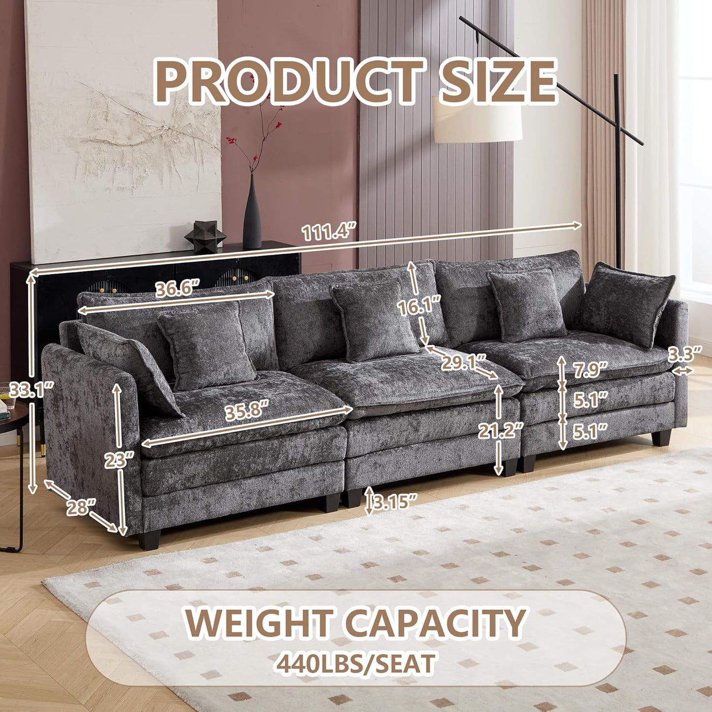 Cloud Modular Sectional Sofa, U-Shaped Deep Seat Oversized Couch for Large Living Room, Pet-Friendly Chenille Fabric Sofa Setfor Family Movie Nights
