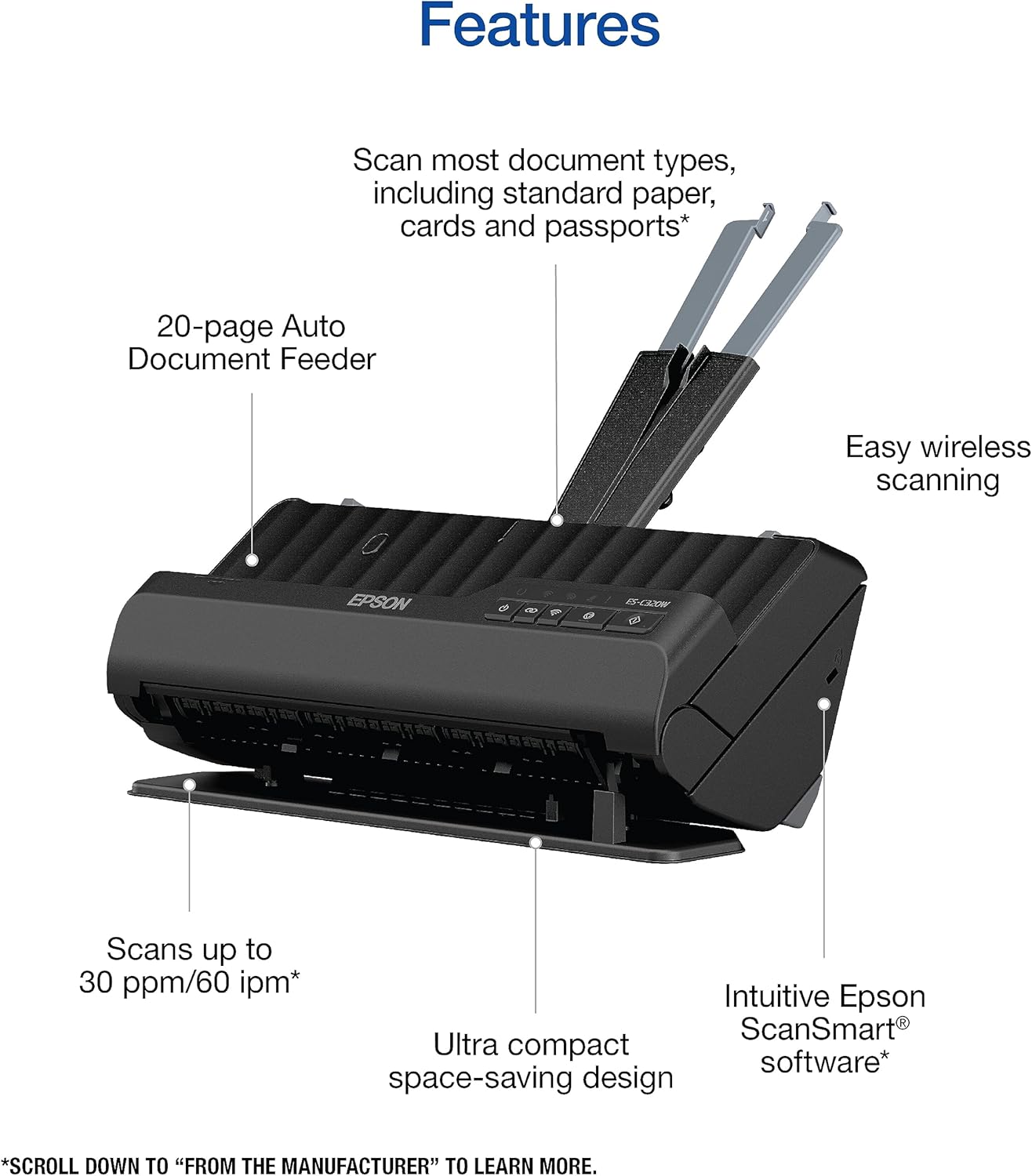 Epson Workforce ES-C320W - Wireless Compact Desktop Document Scanner - 2-Sided Scanning Auto Doc Feeder - Can Scan Paper and Cards - Black