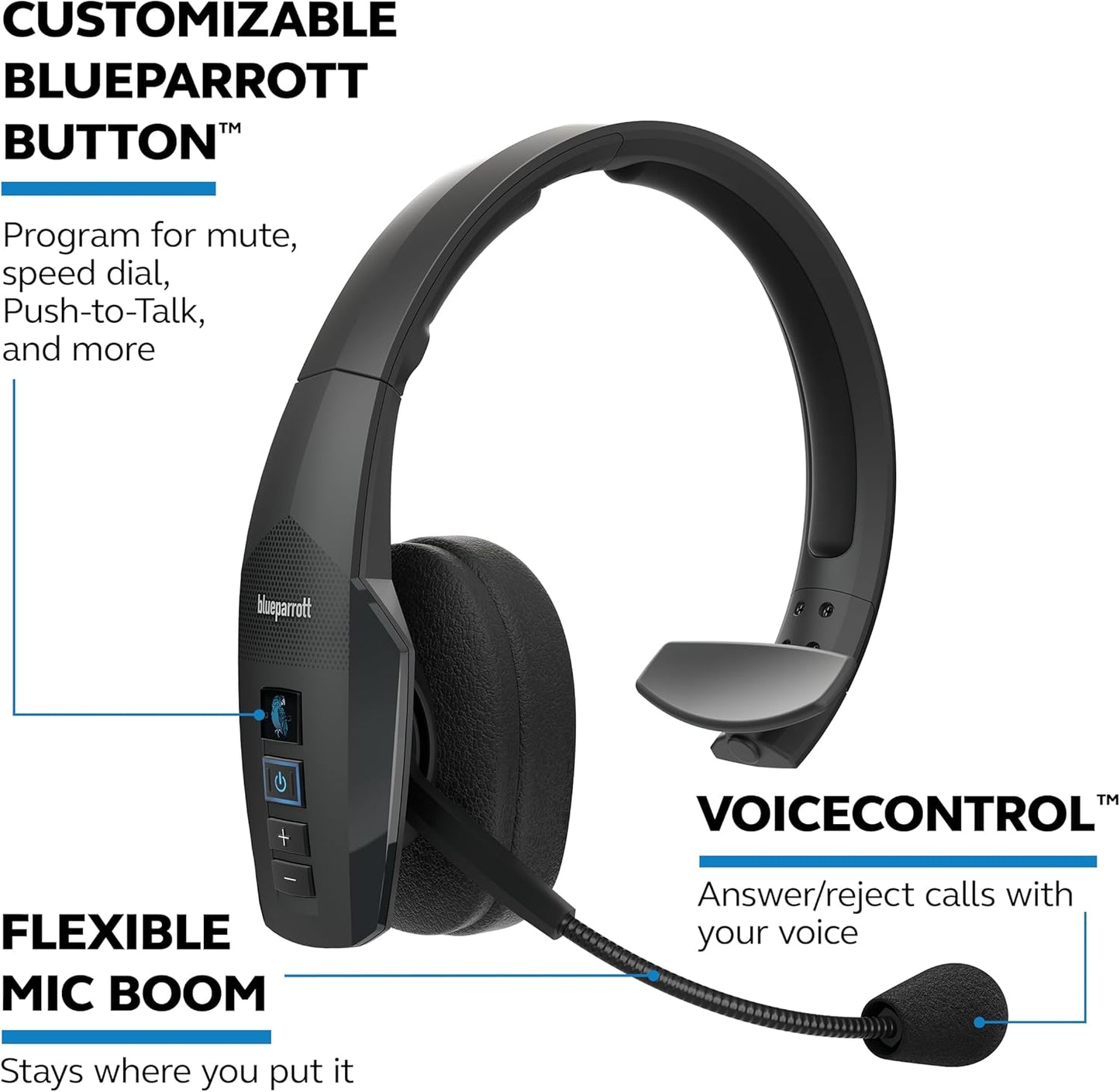 BlueParrott B450-XT Mono Bluetooth Wireless Headphones 96% Noise Canceling Over Head Trucker Headset with Mic, All Day Comfort Padded Headband, Extended Wireless Range, 24 hrs. Talk Time, Black