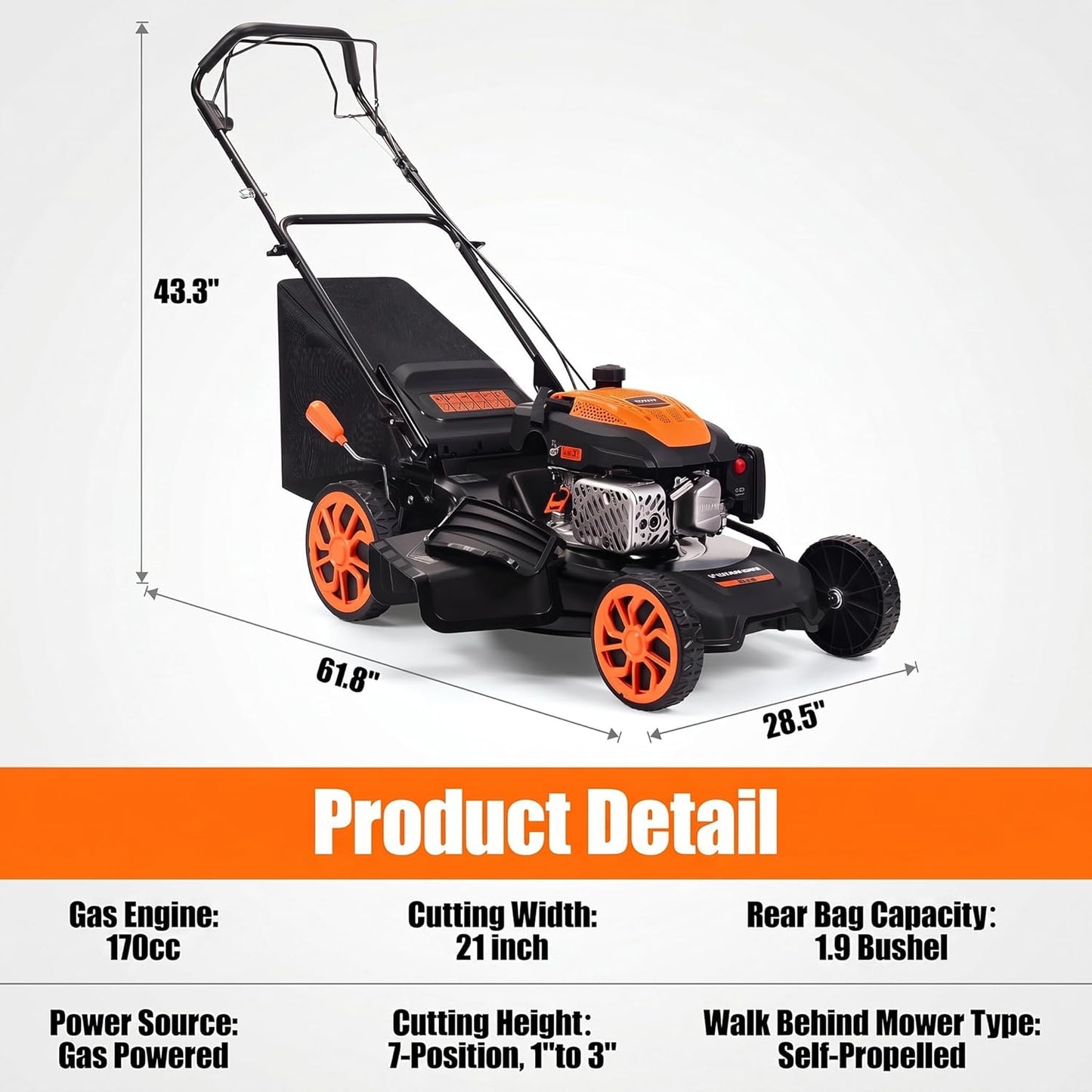 21" Self-Propelled Gas Lawn Mower – 170CC 4-Stroke Engine, 7 Cutting Heights, 3-in-1 Mulch/Bag/Discharge, 1.9-Bushel Large Grass Collector, EPA Compliant