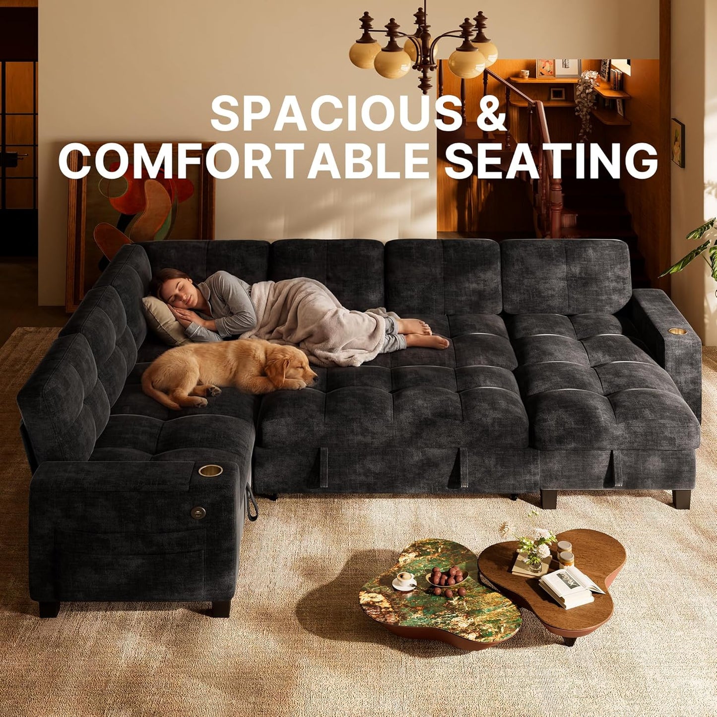 Marsail 110" Sectional Sleeper Sofa with Pull Out Bed, 7 Seat Modular Sectional Couch with Storage, USB & Cup Holders, Modern Chenille Cloud Sofa for Living Room, Dark Gray