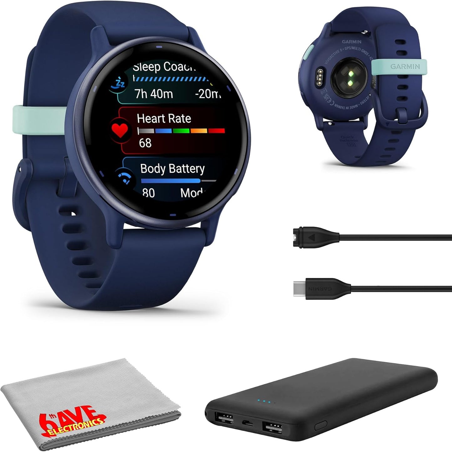 Garmin Vivoactive 5, Health and Fitness GPS Smartwatch for Men and Women, Metallic Navy Bezel w/Navy Case and Silicone Band, 1.2” AMOLED Touchscreen Display, 11 Days Battery Life (Bundle)