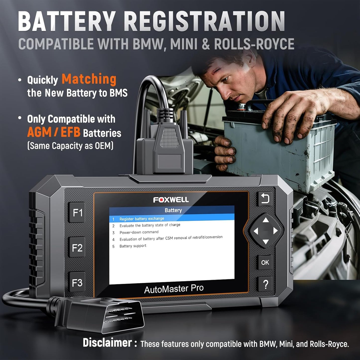 FOXWELL NT510 Pro fit for BMW 2-in-1 Diagnostic Scanner & 12V Battery Tester, Full System Bidirectional Scan Tool with All Reset Services & Battery Registration for BMW/Mini/RR (Lifetime Free Update)