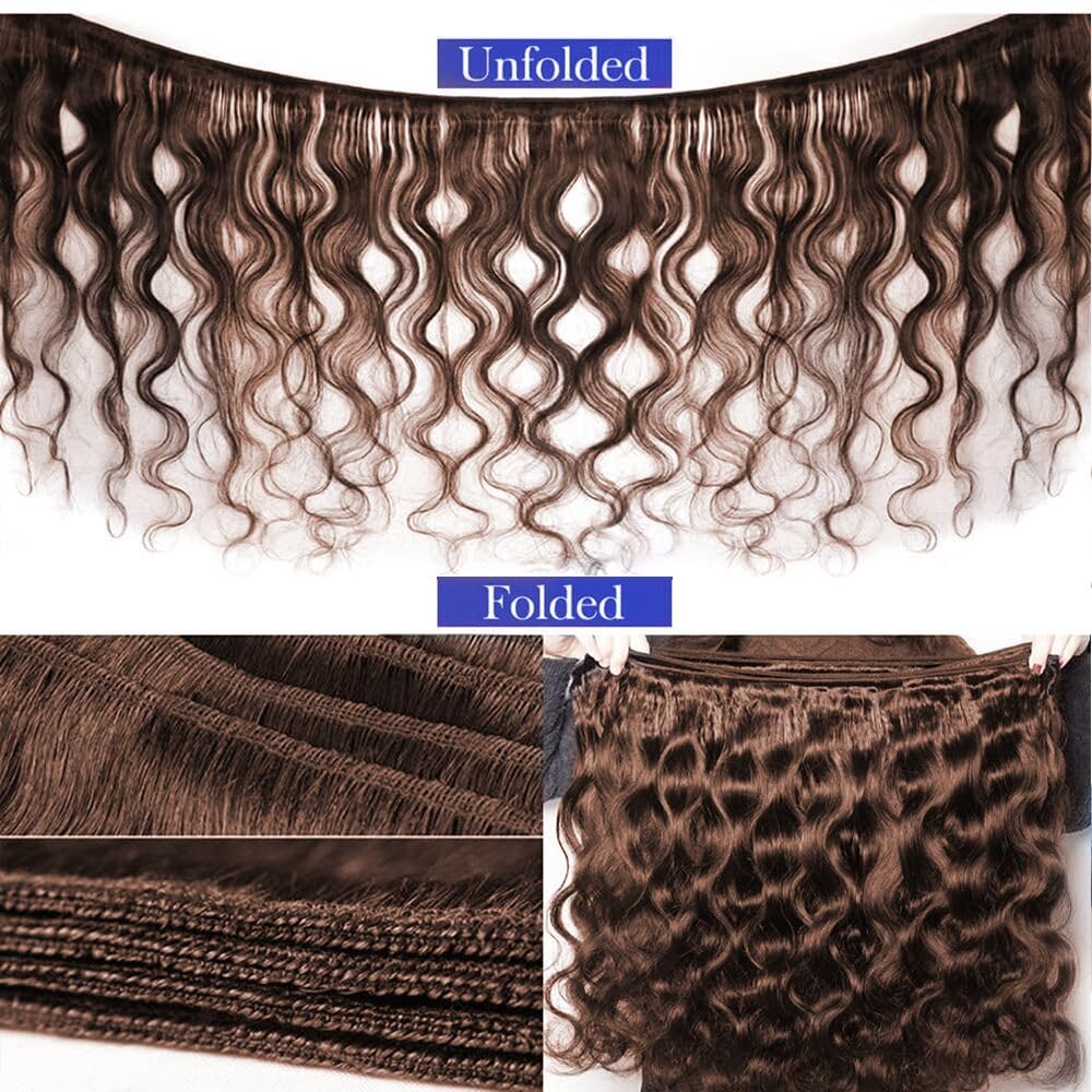 Body Wave Bundles Human Hair 20 22 24 24 Inch Brown Human Hair Bundles 12A 100% Unprocessed Indian Virgin Hair 4 Bundles Deal Dark Brown Chocolate Color Extension Color 4#