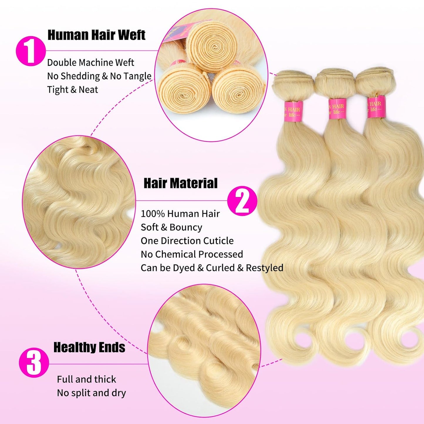 613 Body Wave Blonde Bundles Human Hair 18 20 22Inch 3 Bundles Human Blonde Hair Extensions .100% Real 14A Brazilian Virgin Raw Easy to Dye No Synthetic Blend No Tangle No Shedding 3X-Lifespan