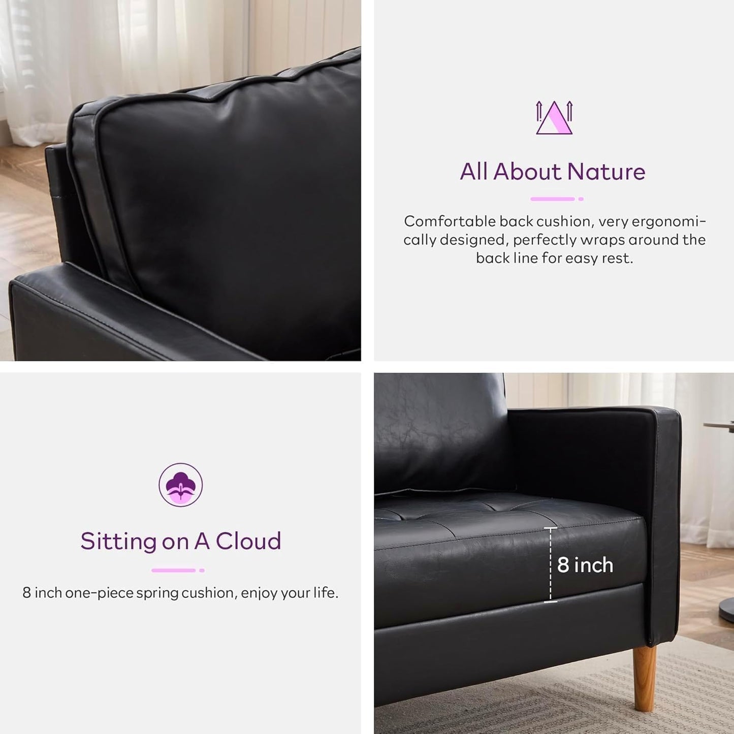 TYBOATLE 57" Small Black Faux Leather Sofa Couch, 3 Piece Living Room Set, Mid-Century Modern Tufted Comfy Loveseat, 2 Seater Office Couches Love Seat for Small Space Bedroom Drom Apartment Playroom