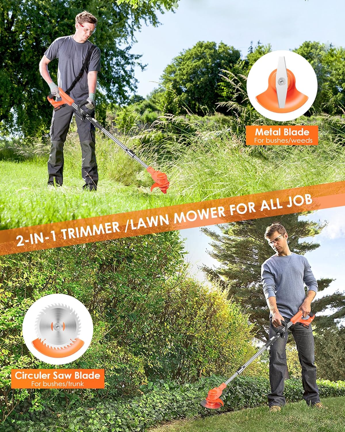 Cordless Weed Wacker, 21V 2-in-1 Lightweight Stringless Weed Wacker, Foldable 2.0Ah Battery Powered Weed Trimmer, Grass Trimmer/Brush Cutter/Edger Lawn Tool for Yard Lawns Garden