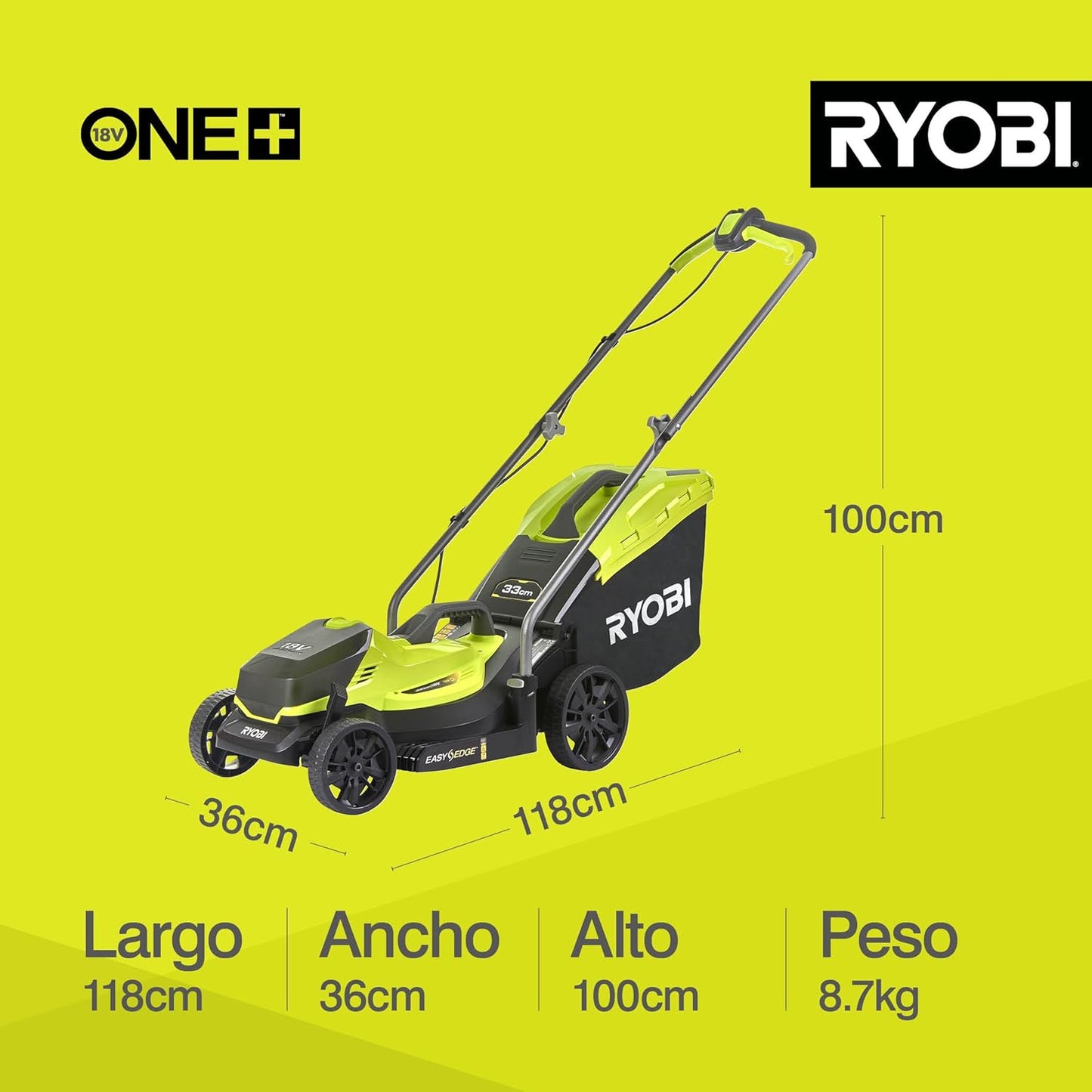 RYOBI 18V ONE+ OLM1833B Cordless Lawnmower - 33cm Cutting Width, Without Battery & Charger, Compact for Small Lawns