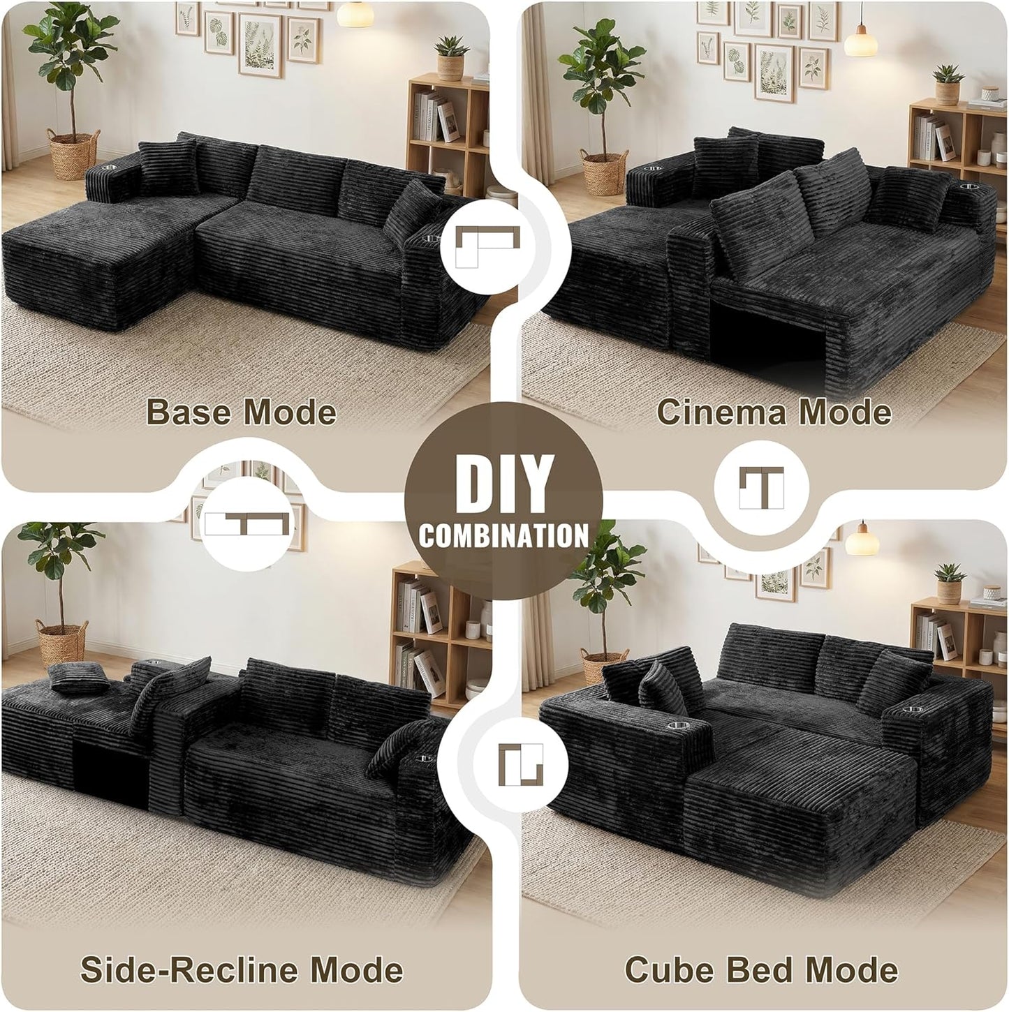 Shintenchi Boneless Couches for Living Room with 2 Cup Holders,L Shaped Modular Sectional Sofa Set,No Assembly Needed Plush Corduroy Living Room Set,Black