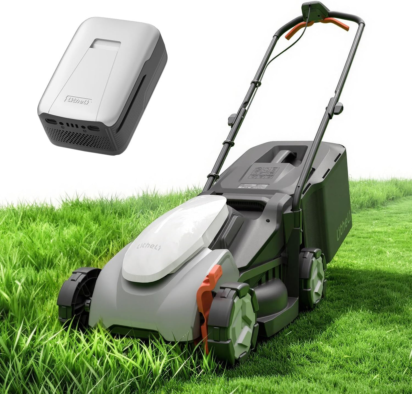 Litheli 14 Inch Cordless Lawn Mower, Brushless Battery Powered Push Mower with 5.0Ah Battery, 5-Position Height, 9-Gallon Bag, Lightweight Grass Cutter for Small to Mid-Sized Yards