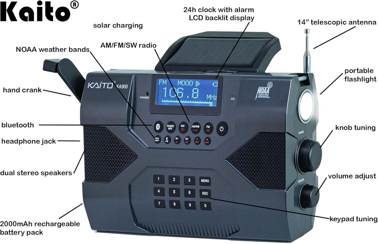 Kaito Emergency Radio Voyager Max KA900 Digital Solar Dynamo Crank Wind Up AM/FM/SW & NOAA Weather Stereo Radio Receiver with Bluetooth, Real-time Alert, MP3 Player, Recorder & Phone Charger, Black