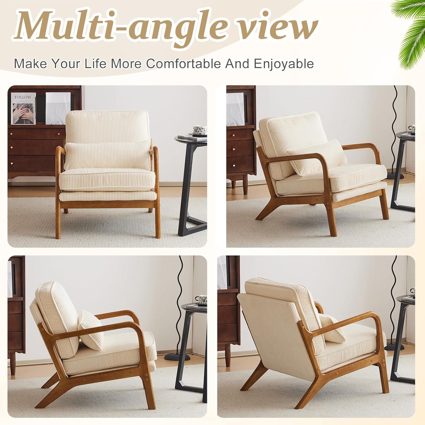 VINGLI Upgraded Premium Corduroy Accent Chairs Set of 2,Upholstered Arm Chair,Solid Wood Comfy Reading Chair with Pillow, Mid Century Modern Chairs for Living Room,Bedroom,Beige