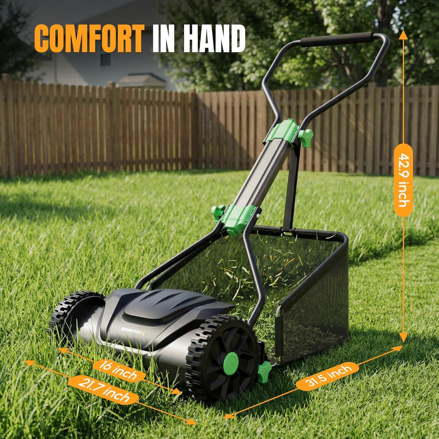WORKPROX 16-Inch Push Reel Lawn Mower, Adjustable Height 5-Blade Reel Mower with Removable 8-Gallon Grass Catcher for Yards and Gardens, Black