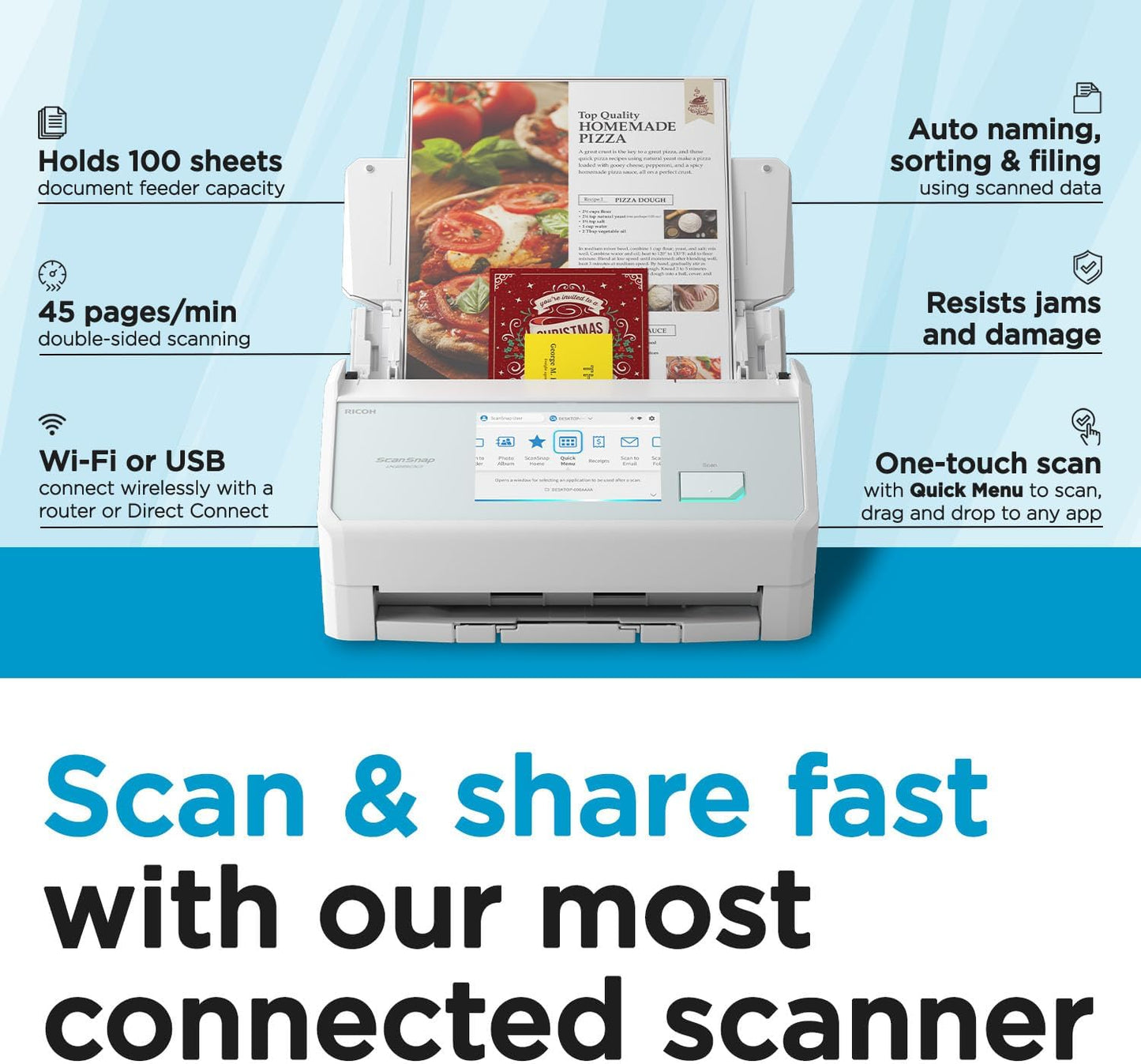 ScanSnap iX2500 Wireless or USB High-Speed Cloud Enabled Document, Photo & Receipt Scanner with Large 5" Touchscreen and 100 Page Auto Document Feeder for Mac or PC, White
