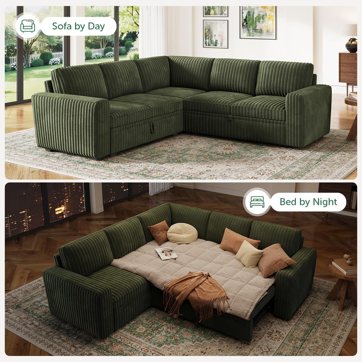 HONBAY Modular Sectional Sleeper Sofa with Pull Out Bed,Corduroy L Shaped Couch with Storage, Sectional Couches for Living Room,Green