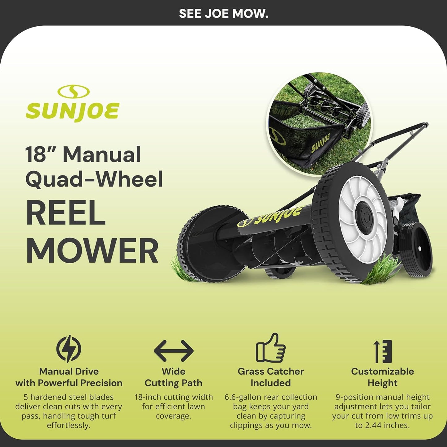 Sun Joe MJ501M w/ 7-Gallon Detachable Grass Catcher, 9-Position Height Adjustment, 5 Steel Blades, Compact Design, 18-Inch Manual, Green/Black