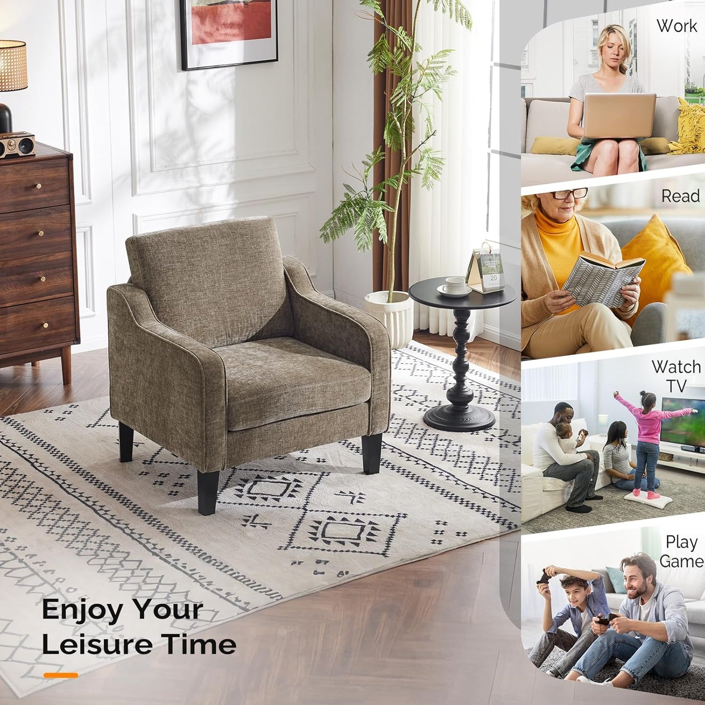 VINGLI Accent Chair for Living Room Chairs Light Brown Reading Chair for Bedroom Scooped Arm Chair Mid Century Modern Accent Chairs Upholstered Comfy Chair for Apartment, Waiting Room