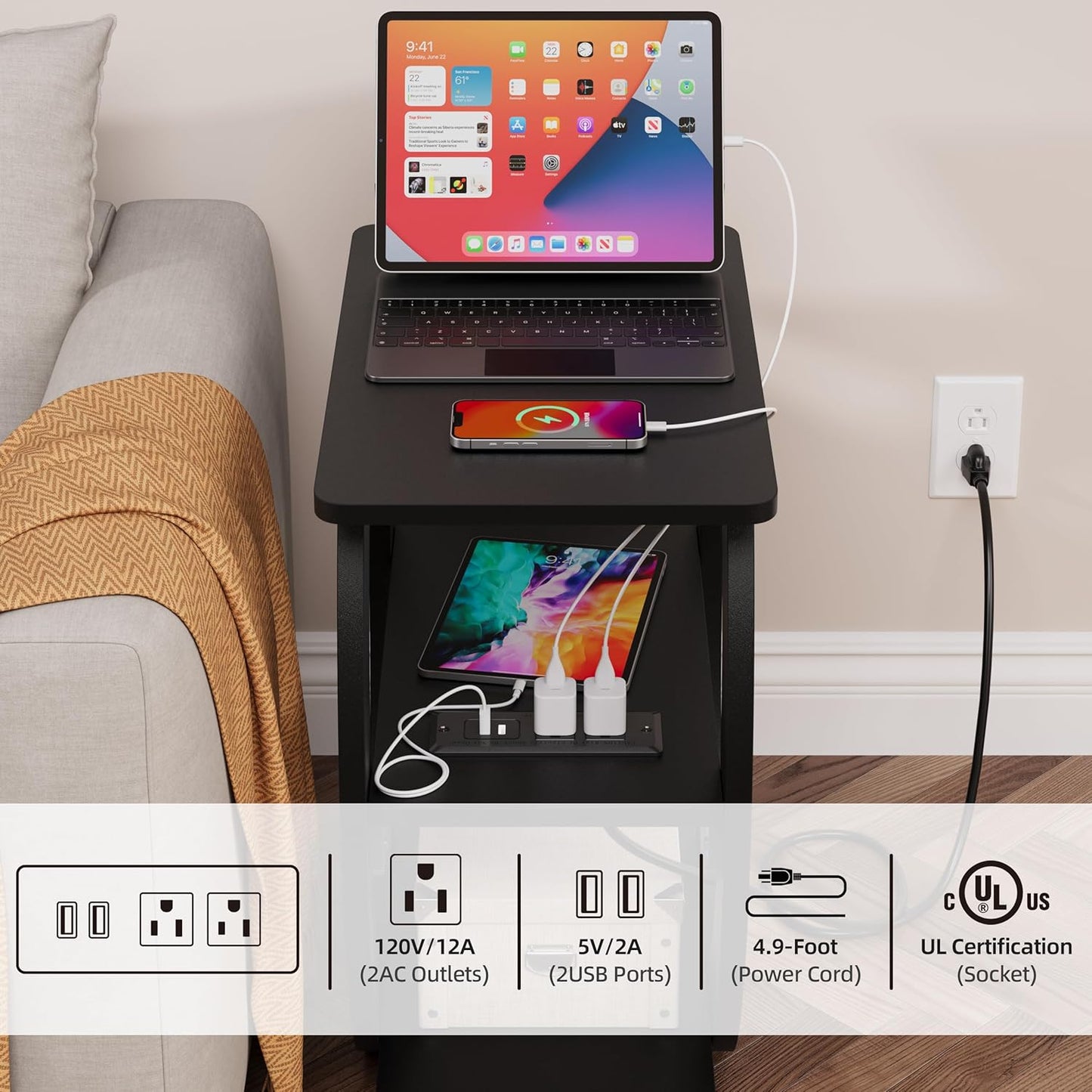 End Table Set of 2 with Charging Station, Black Side Table with USB Ports and Outlets for Living Room, Wood Nightstand with Large Storage Shelf for Bedroom Sofa Couch, Bedside Table Night Stands