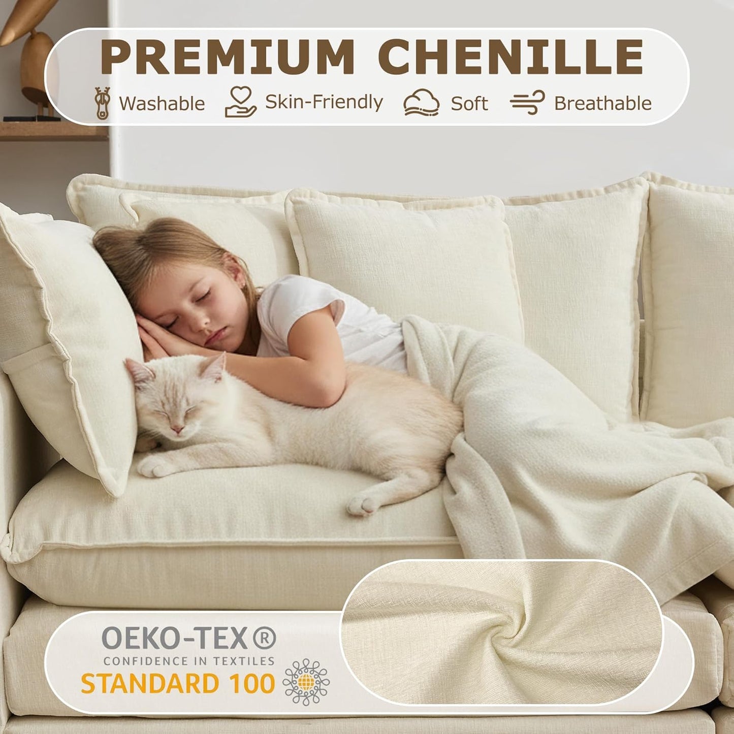 113” Modular Sectional Sofa, L Shaped Cloud Couch with Movable Ottoman, Comfy Chenille Deep Seat Sofa with Throw Pillows, 4 Seat Modern Couches for Living Room Bedroom Apartment, Beige
