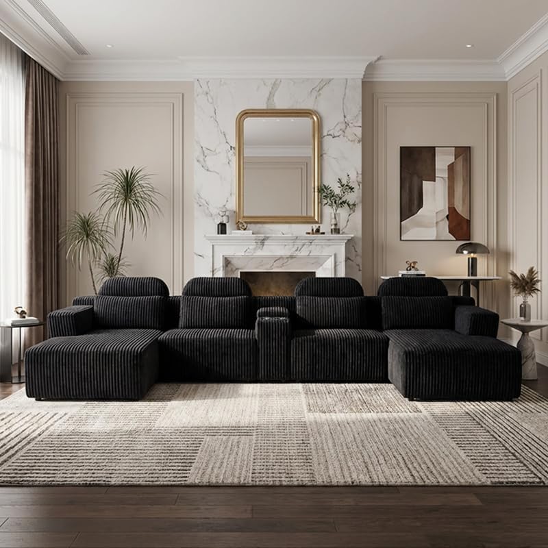 KEIKI Modular Sectional Cloud Couch for Living Room - 143" 6 Seater Convertible Velvet Couches Set with Ottoman, No Assembly Compression Sofa, Comfortable Sofa with Chaise Lounge & Cup Holders, Black