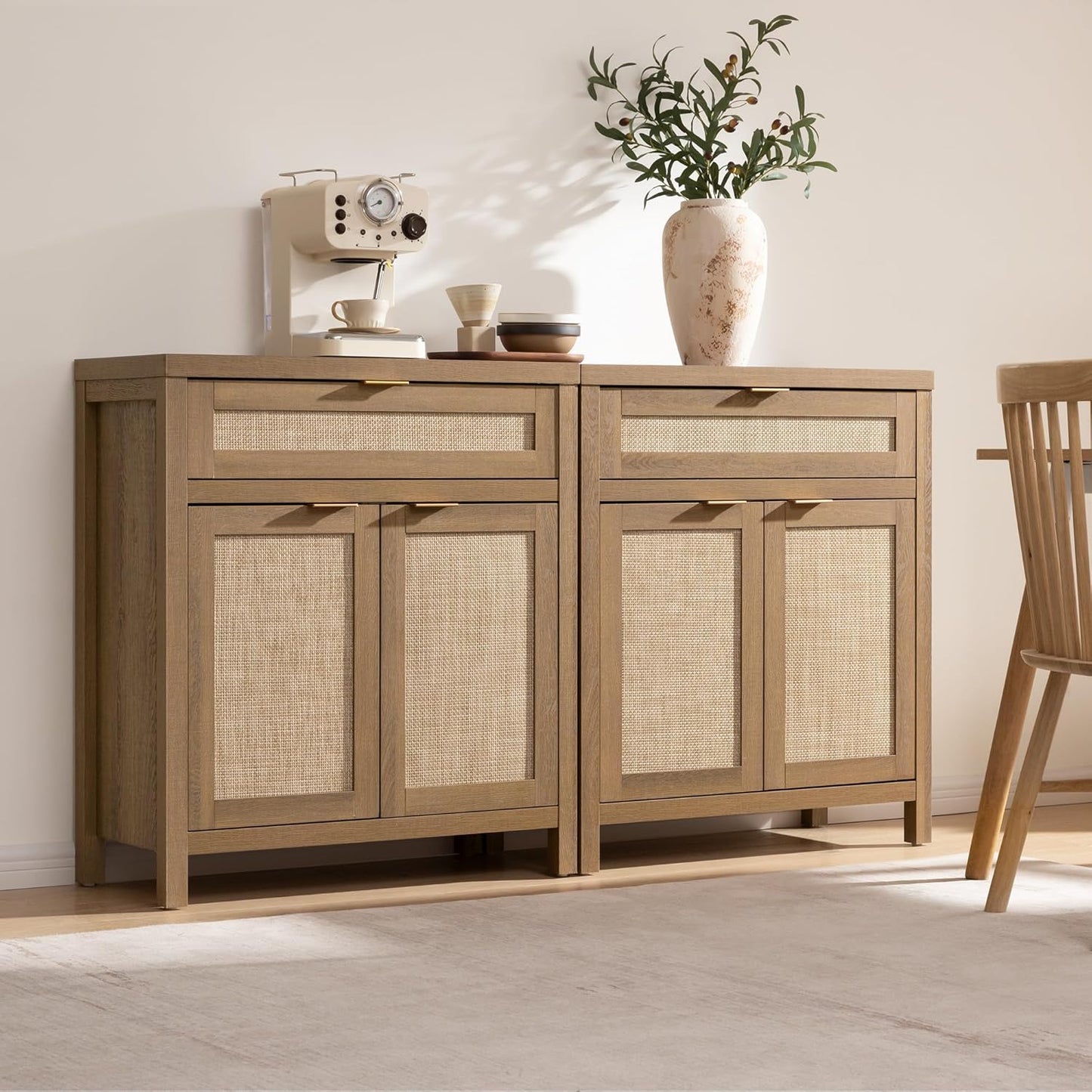 SICOTAS Sideboard Buffet Cabinet Set of 3, Rattan Credenza Storage Cabinet, Boho Buffet Table Console Cabinets with Drawer, Farmhouse Coffee Bar for Living Room, Natural Oak