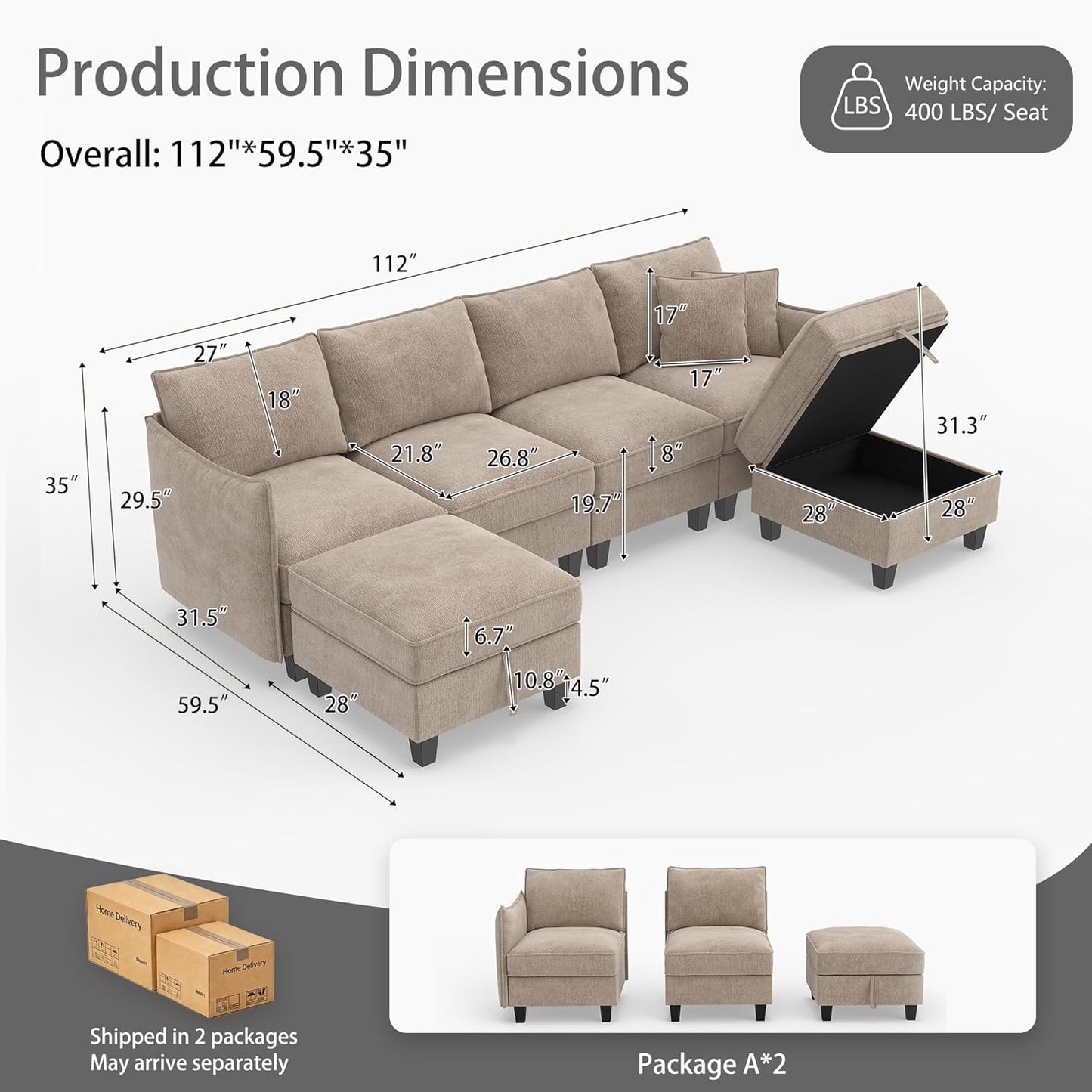 Ihanherry 112" Modular U-Shaped Sectional Sofa, Modern 6-Seat Cloud Couch with 2 Storage Ottomans, Comfy Chenille Convertible Furniture Set for Living Room, Apartment, Easy Assembly, Brown