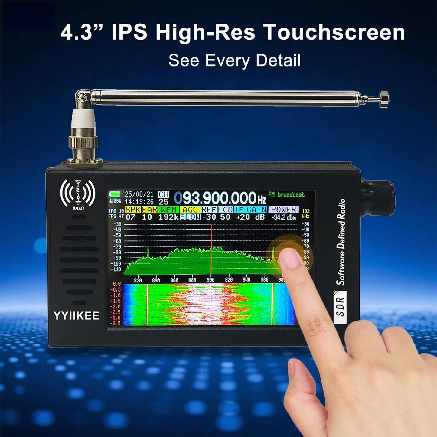 Portable SDR DSP Radio Receiver – 4.3” Touchscreen, 100KHz-149MHz, Full Band Shortwave, FM MW SSB CW HAM, 192kHz Spectrum, Waterfall Display, CNC Aluminum Alloy Case, Rechargeable Battery