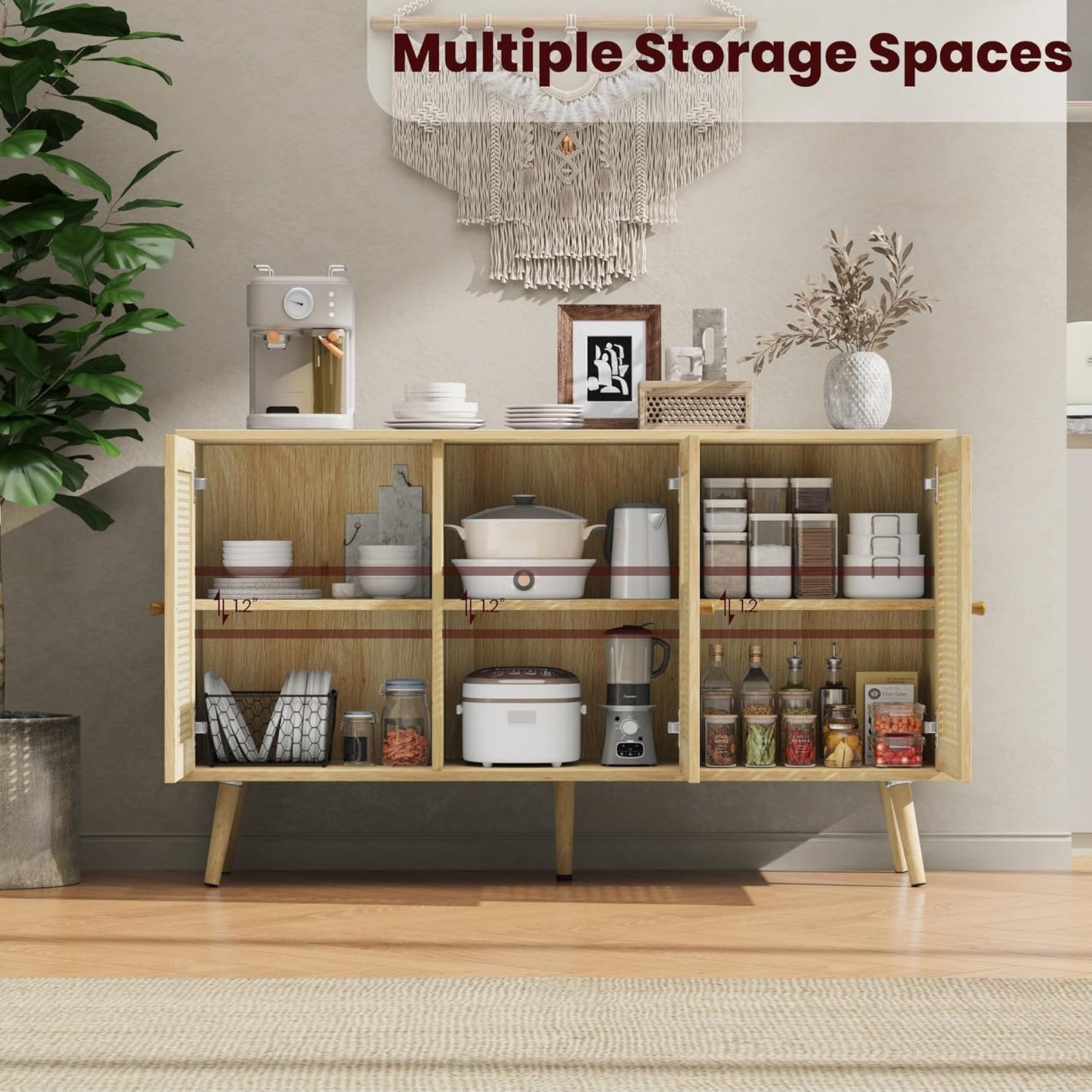 IDEALHOUSE Living Room Table Sets of 2, Includes 47" Rattan TV Stand Storage Cabinet for 55" TV, Farmhouse Coffee Table with Storage Shelf for Bedroom