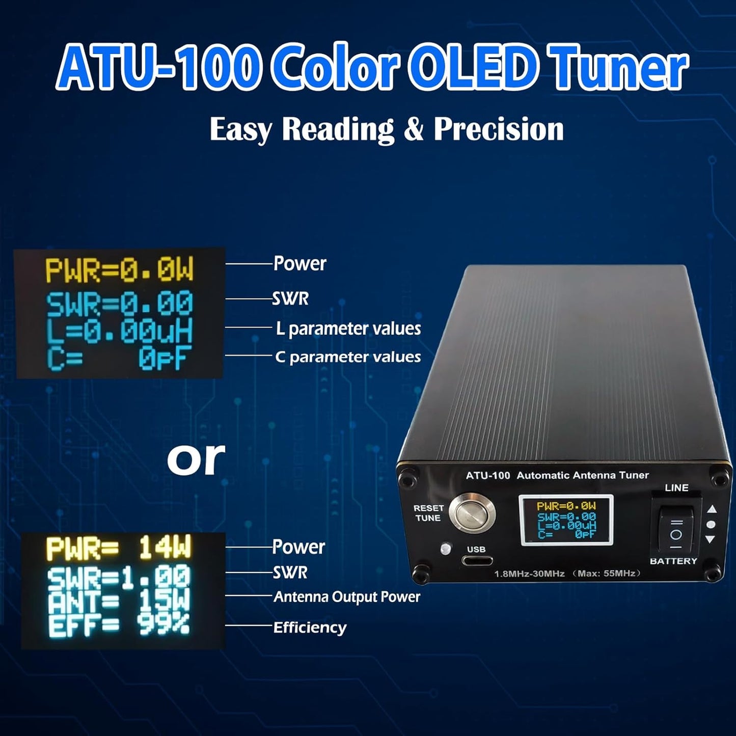 V3.2 ATU-100 EXT Automatic Antenna Tuner for Ham Radio – 1.8-55MHz, Low SWR Tuner, Compact Design, Works with Amateur Radio Equipment, Ideal for POTA/SOTA/DX with 5000mAh Battery
